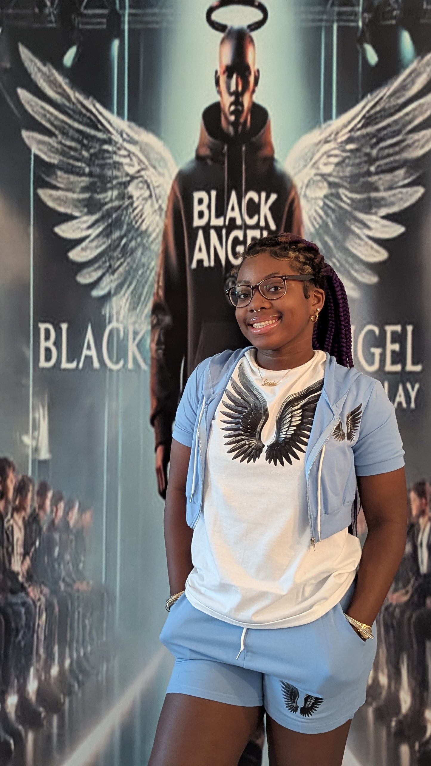 Black Angel Zip up Half-top Hoodie Sets