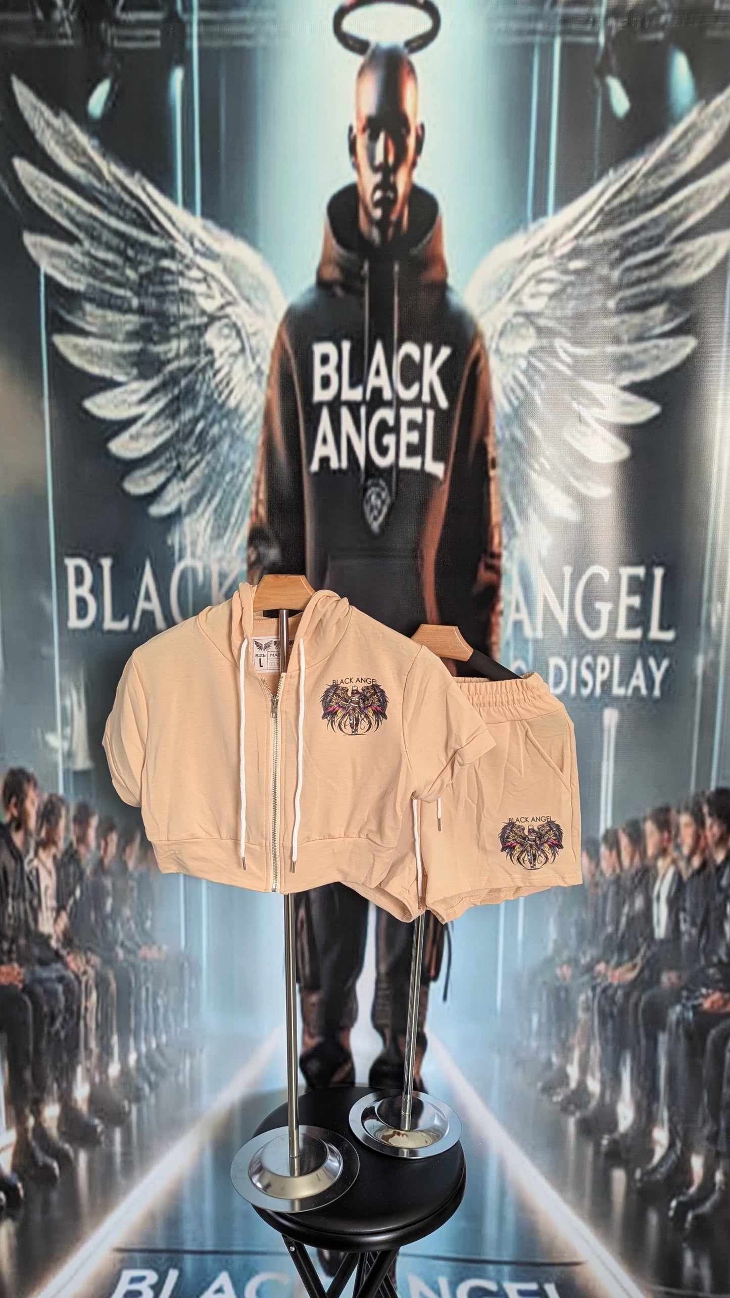 Black Angel Zip up Half-top Hoodie Sets