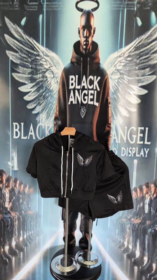 Black Angel Zip up Half-top Hoodie Sets